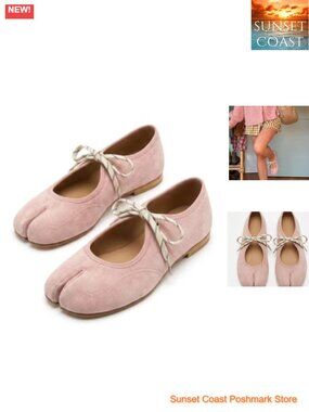 Womens Lace Up Split Toe Flats Mary Jane Tabi Shoes Comfortable Suede Ballet